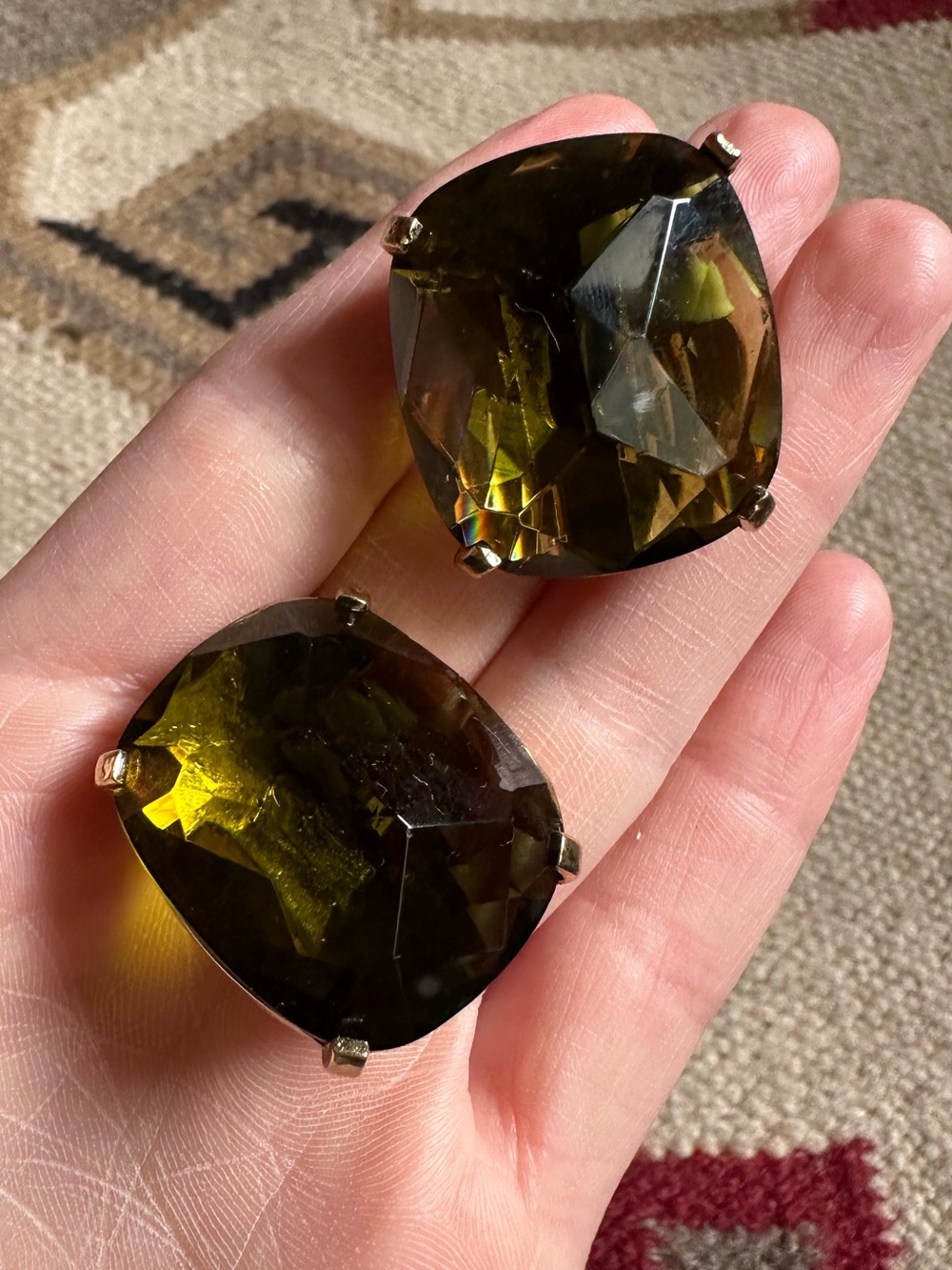 Vintage CINER Signed Green Simulated Stone Substantial Clip On Earrings